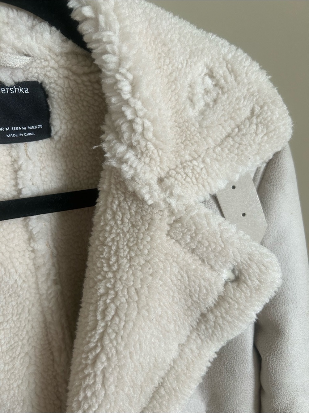Bershka Cream Sherpa Faux Suede Moto Jacket Shearling Biker Coat Size M - Picture 6 of 10